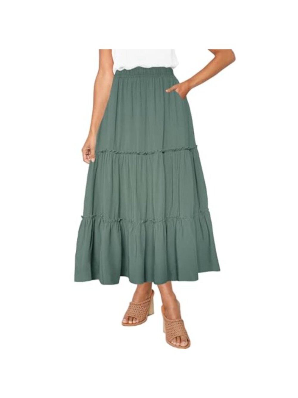 Women's High Waist A-Line Ruffle Swing Long Maxi Skirt with Pockets Rayon